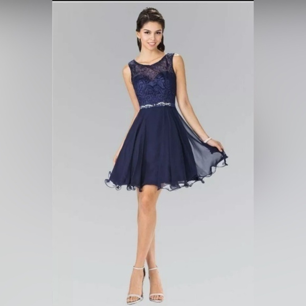 ELIZABETH K Lace Bodice Chiffon Navy Blue Semi-Formal Dress Size XS